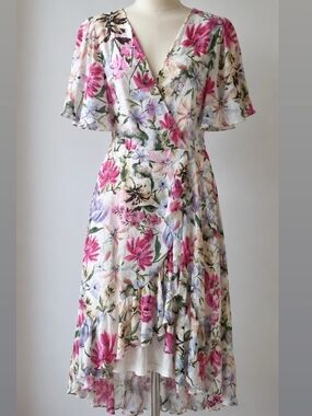 Calvin Klein Floral Wrap High-Low Dress in Pink, Lavender & Cream